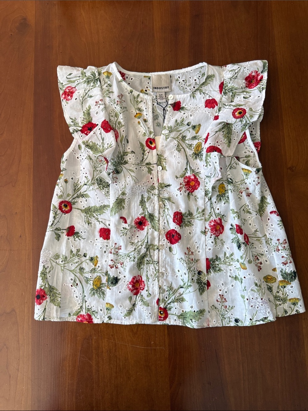 Industry White Floral Eyelet Ruffle Sleeve Blouse